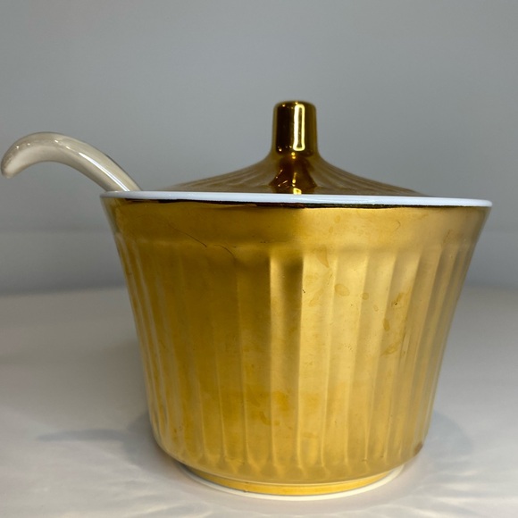 Vtg Royal Worcester Gold Lustre Fluted Lidded Condiment Jar Jam Jelly Sugar Bowl - Picture 3 of 11